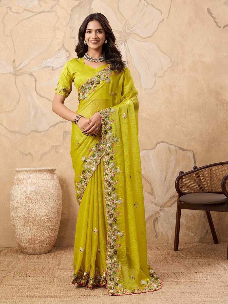 Yellow Soft Fendy Chiffon Embroidery Festival Wedding Fancy Heavy Border Saree