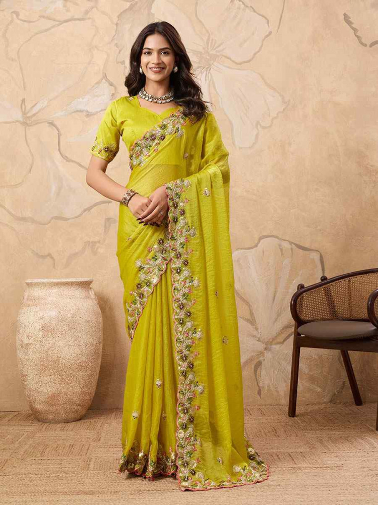 Image of Yellow Soft Fendy Chiffon Embroidery Festival Wedding Fancy Heavy Border Saree