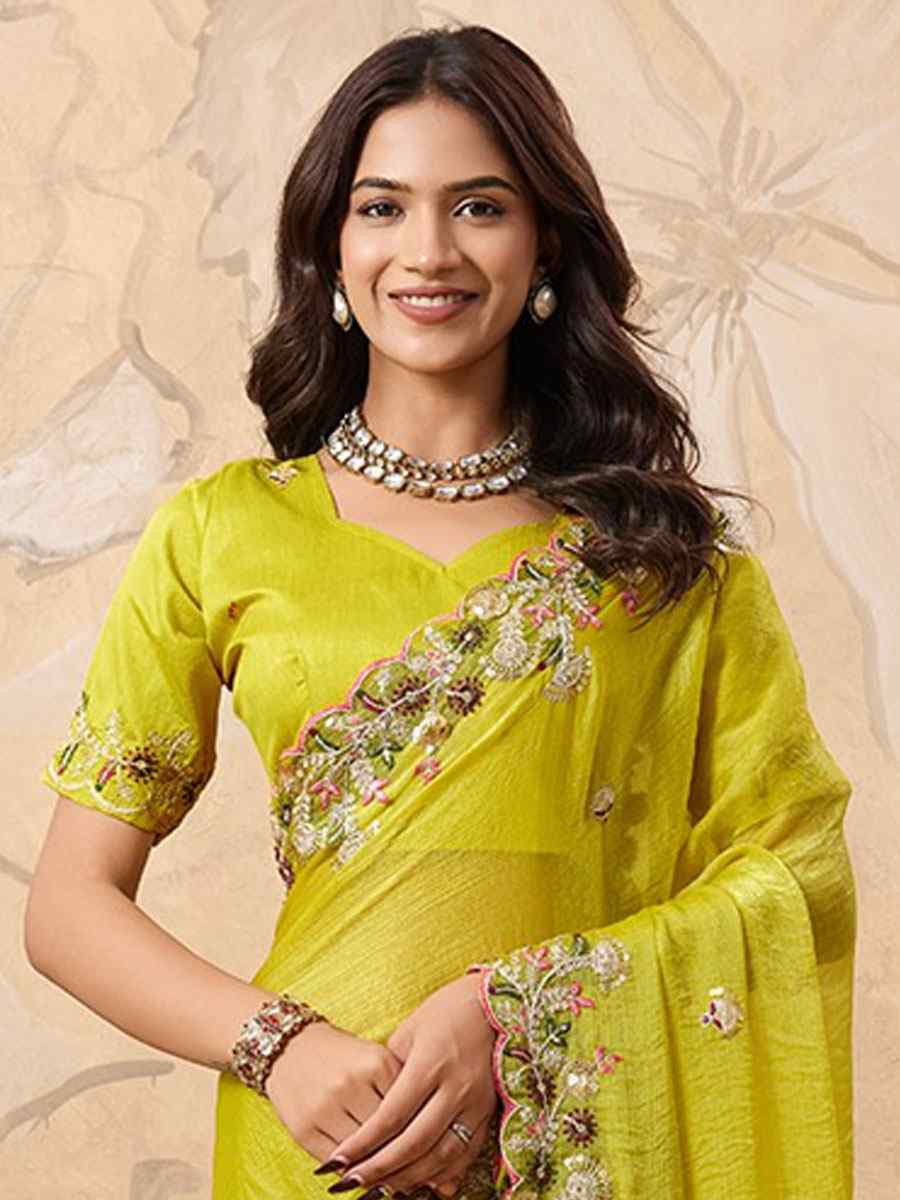 Yellow Soft Fendy Chiffon Embroidery Festival Wedding Fancy Heavy Border Saree