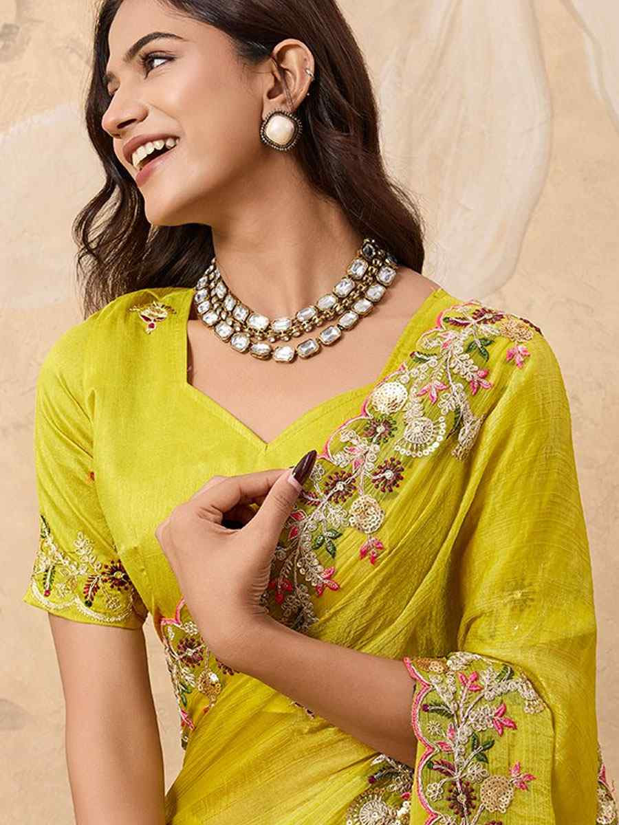 Yellow Soft Fendy Chiffon Embroidery Festival Wedding Fancy Heavy Border Saree