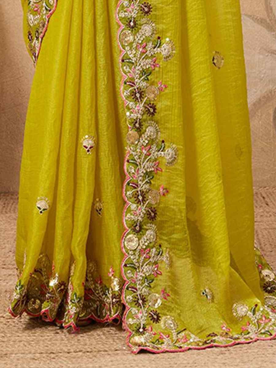 Yellow Soft Fendy Chiffon Embroidery Festival Wedding Fancy Heavy Border Saree