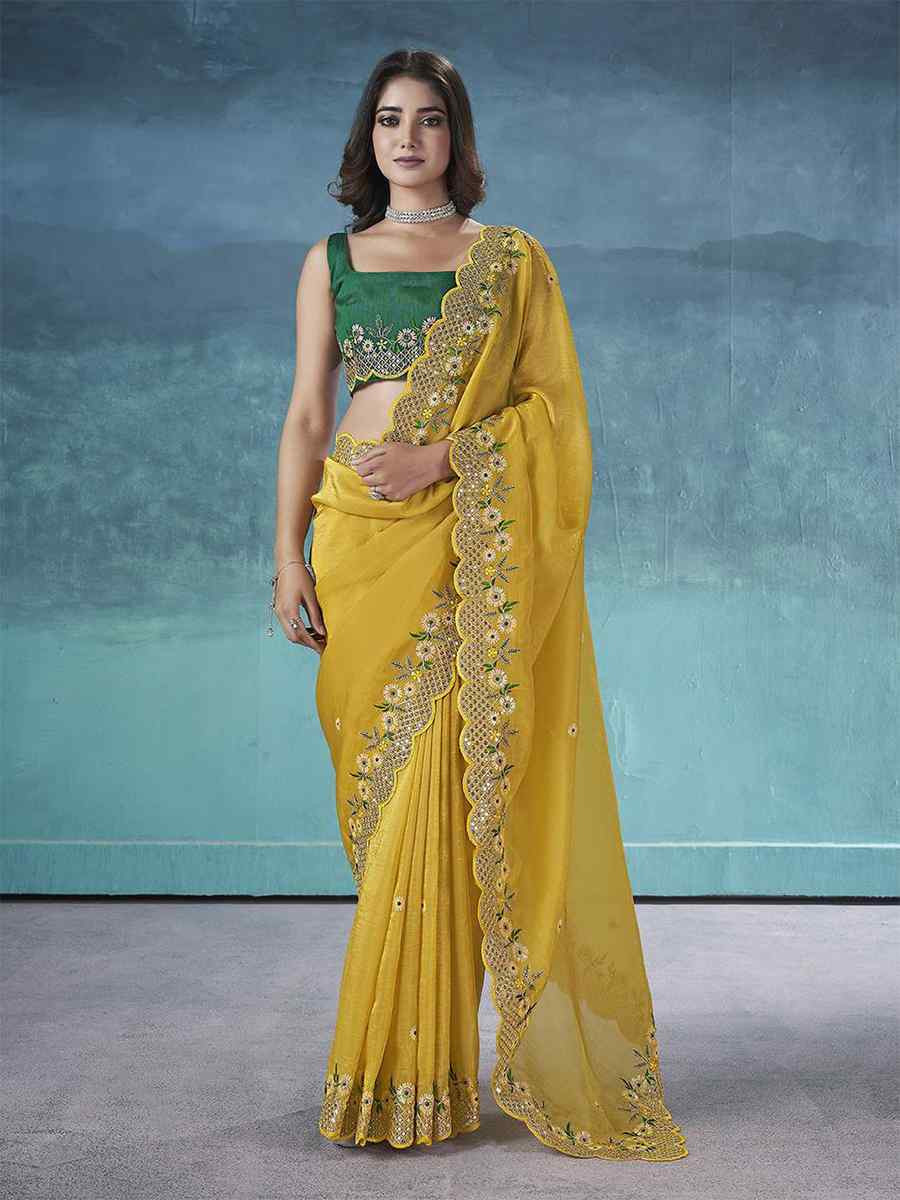 Yellow Soft Gold Crush Embroidered Festival Wedding Fancy Heavy Border Saree