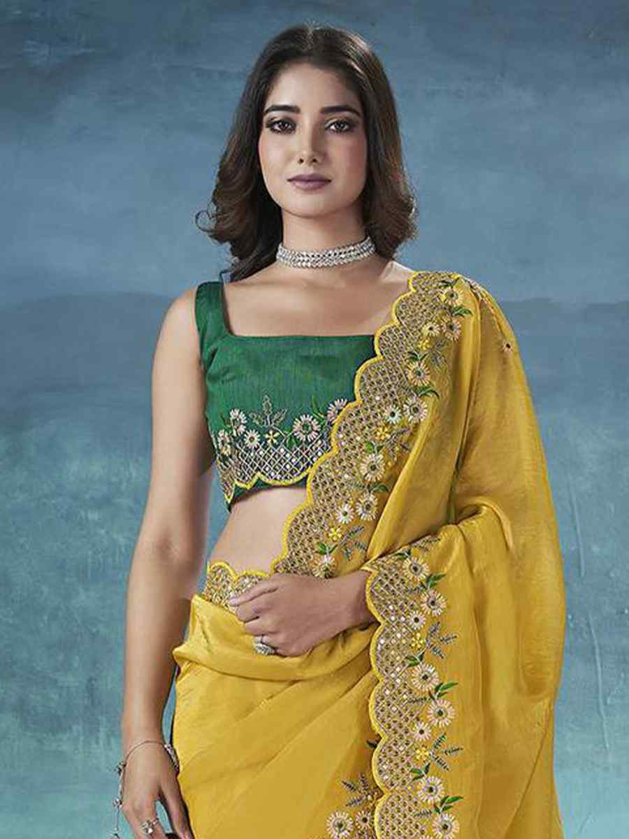 Yellow Soft Gold Crush Embroidered Festival Wedding Fancy Heavy Border Saree