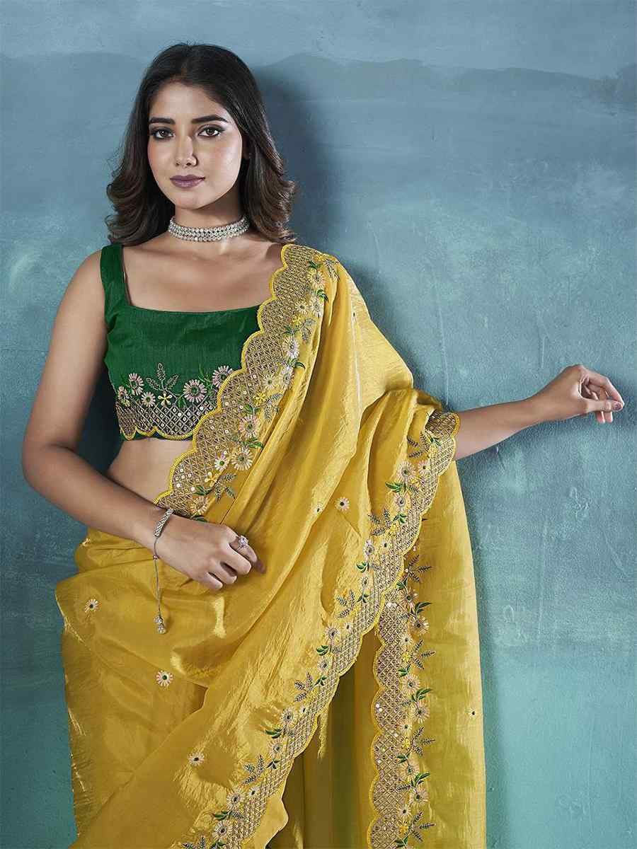 Yellow Soft Gold Crush Embroidered Festival Wedding Fancy Heavy Border Saree