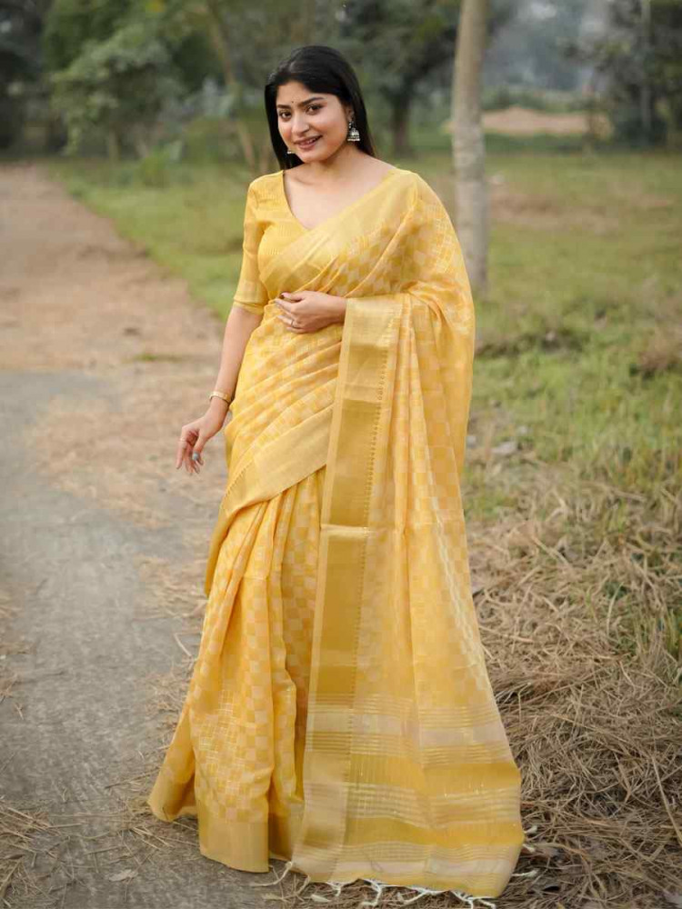 Image of Yellow Soft Kalyani Silk Zari Handwoven Festival Wedding Fancy Heavy Border Saree