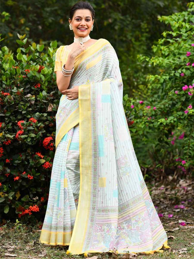 Yellow Soft Linen Handwoven Casual Festival Classic Style Saree