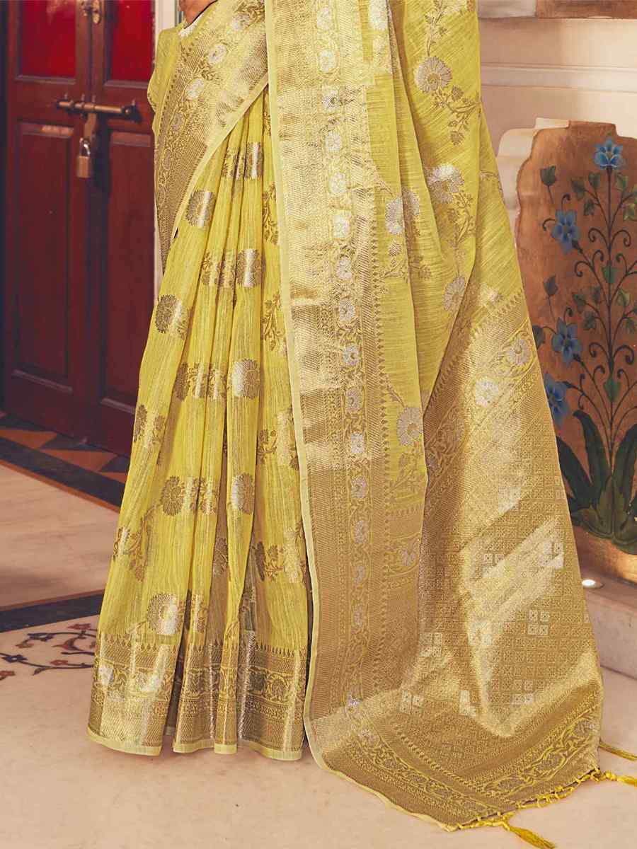 Yellow Soft Linen Printed Casual Festival Classic Style Saree