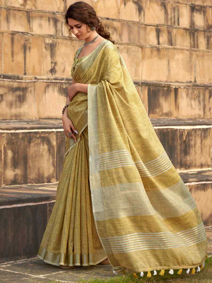 Yellow Soft linen Silk Printed Casual Festival Contemporary Saree