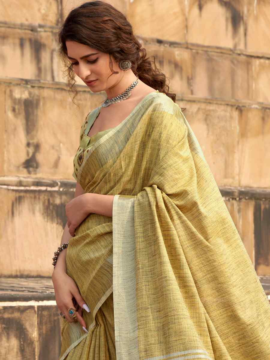 Yellow Soft linen Silk Printed Casual Festival Contemporary Saree