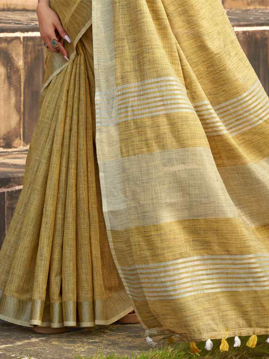 Yellow Soft linen Silk Printed Casual Festival Contemporary Saree
