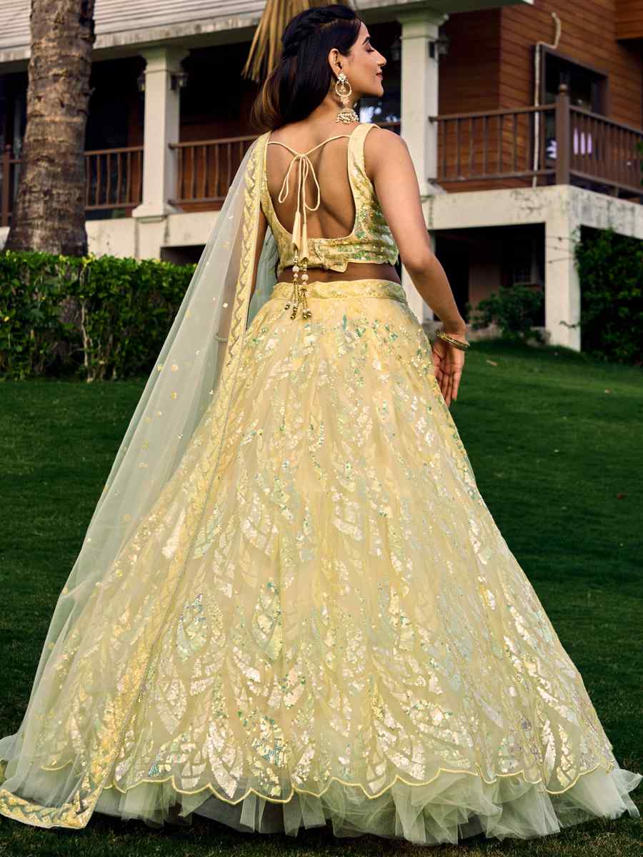 Yellow Soft Net Embroidered Bridesmaid Wedding Heavy Border Lehenga Choli