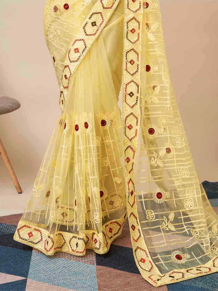 Yellow Soft Net Embroidered Festival Party Classic Style Saree