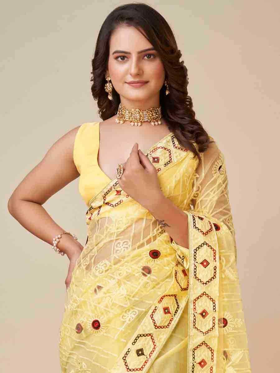 Yellow Soft Net Embroidered Festival Party Classic Style Saree