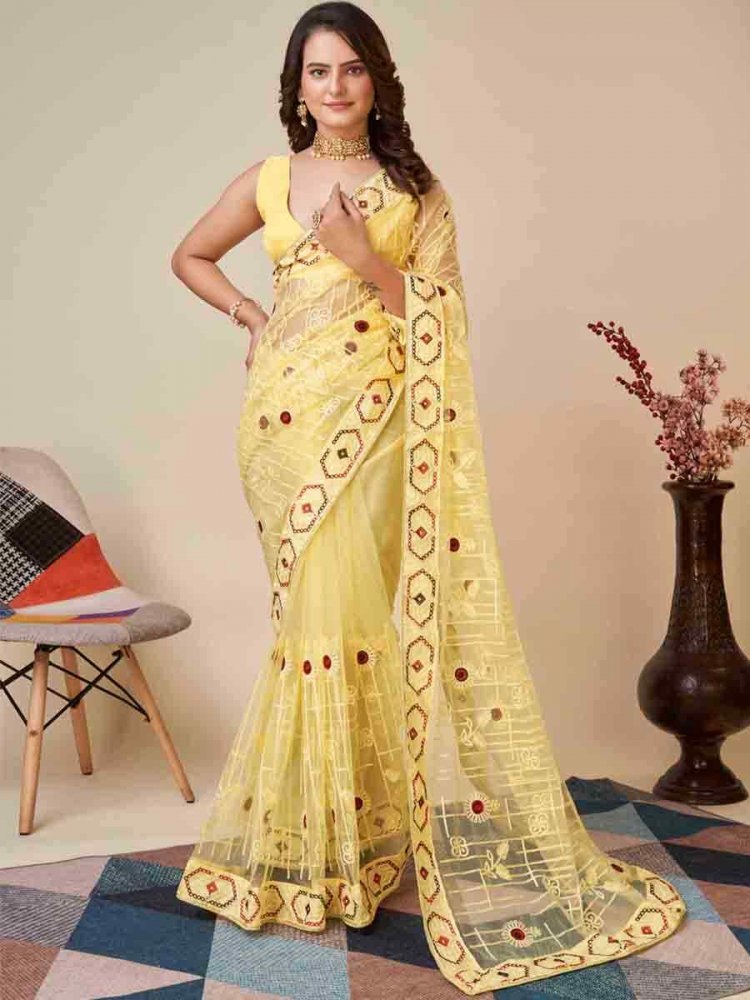 Yellow Soft Net Embroidered Festival Party Classic Style Saree