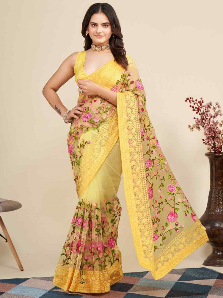 Yellow Soft Net Embroidered Party Festival Classic Style Saree