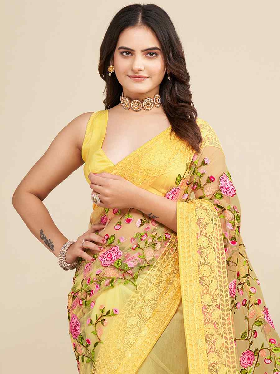 Yellow Soft Net Embroidered Party Festival Classic Style Saree