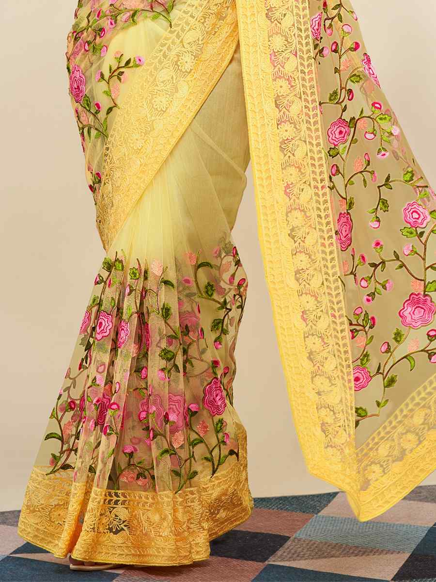 Yellow Soft Net Embroidered Party Festival Classic Style Saree