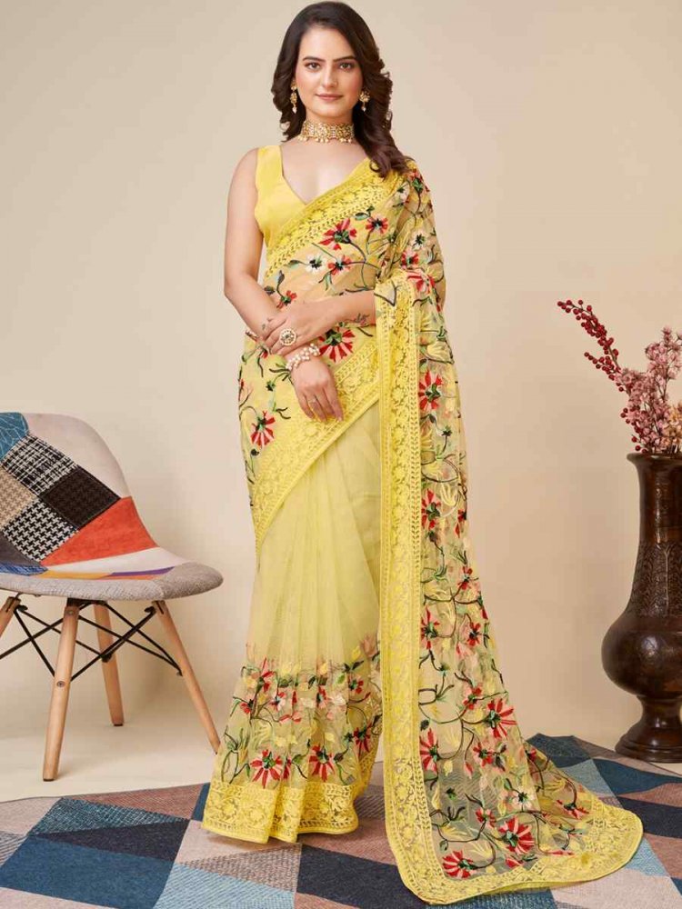 Yellow Soft Net Embroidered Party Festival Classic Style Saree