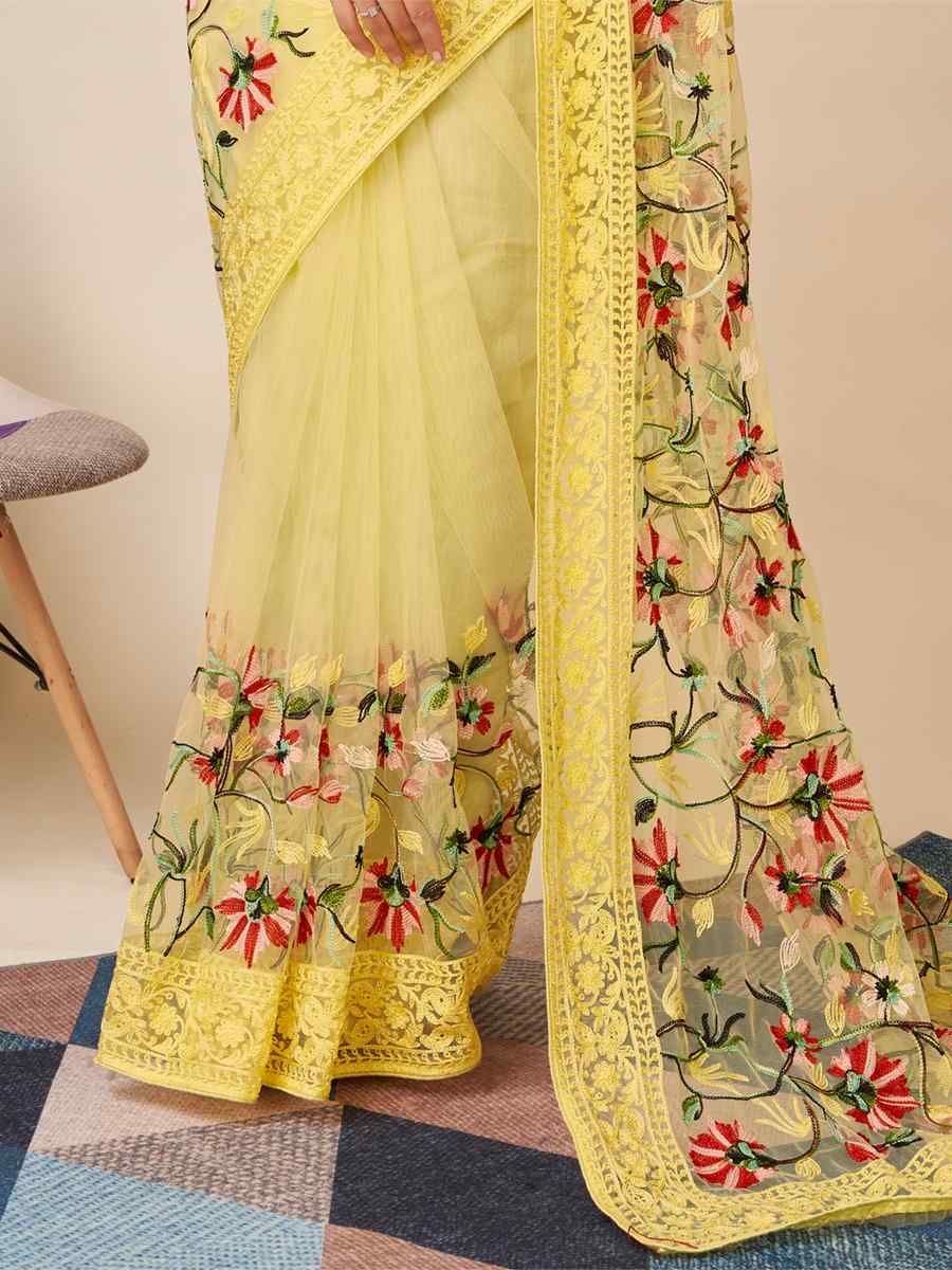 Yellow Soft Net Embroidered Party Festival Classic Style Saree