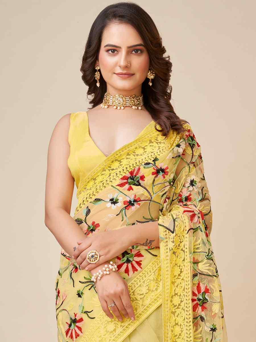 Yellow Soft Net Embroidered Party Festival Classic Style Saree