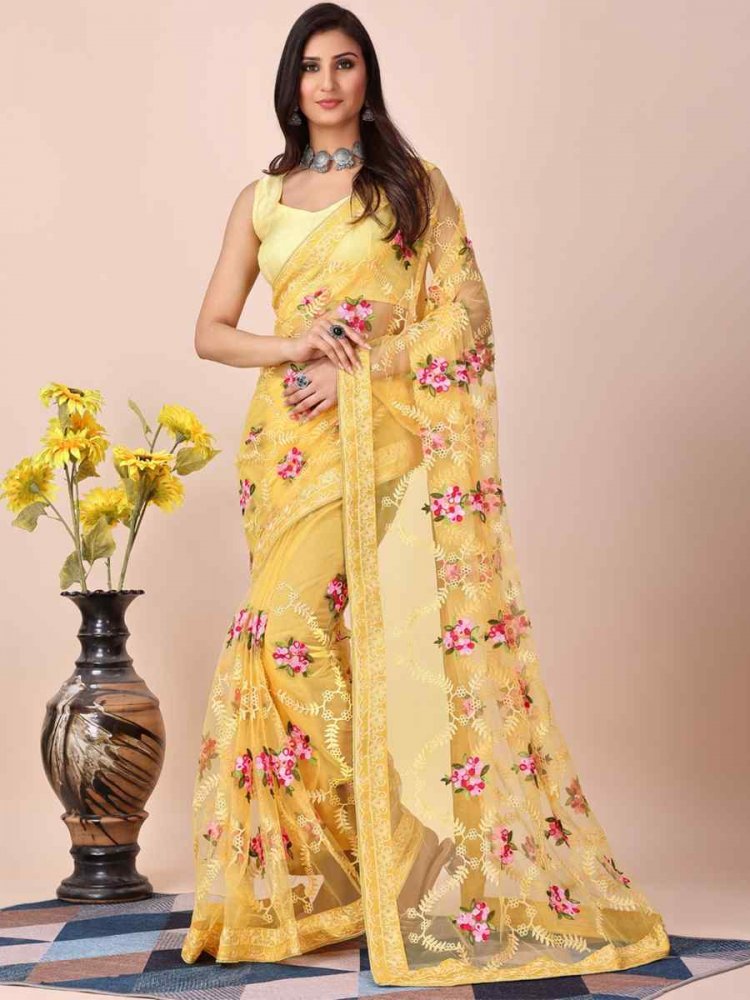 Yellow Soft Net Embroidered Party Wedding Heavy Border Saree