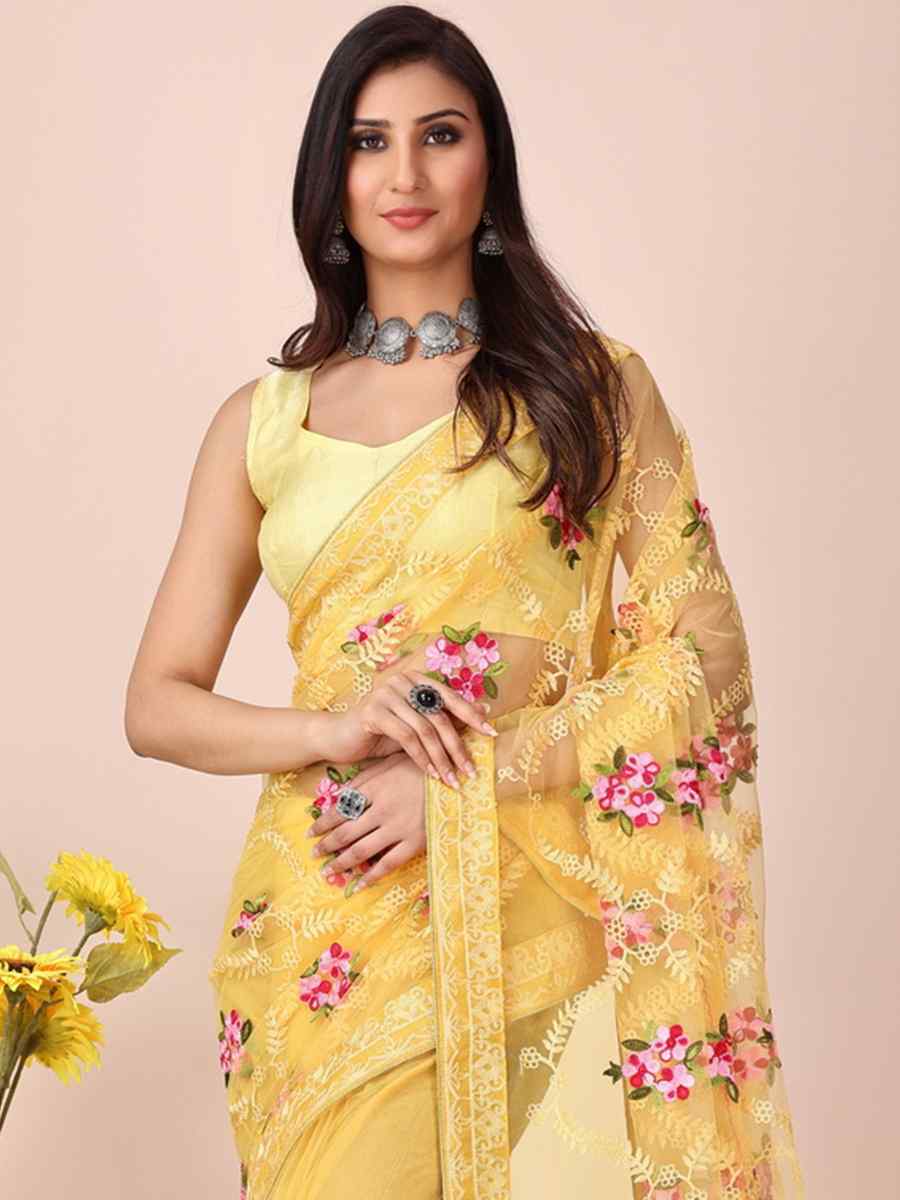 Yellow Soft Net Embroidered Party Wedding Heavy Border Saree