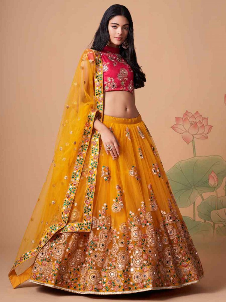 Yellow Soft Net Embroidered Reception Festival Heavy Border Lehenga Choli