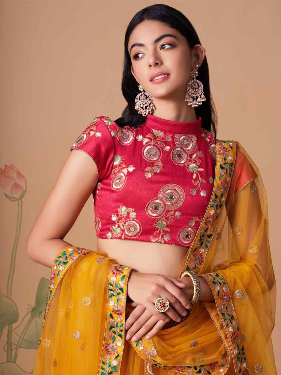 Yellow Soft Net Embroidered Reception Festival Heavy Border Lehenga Choli