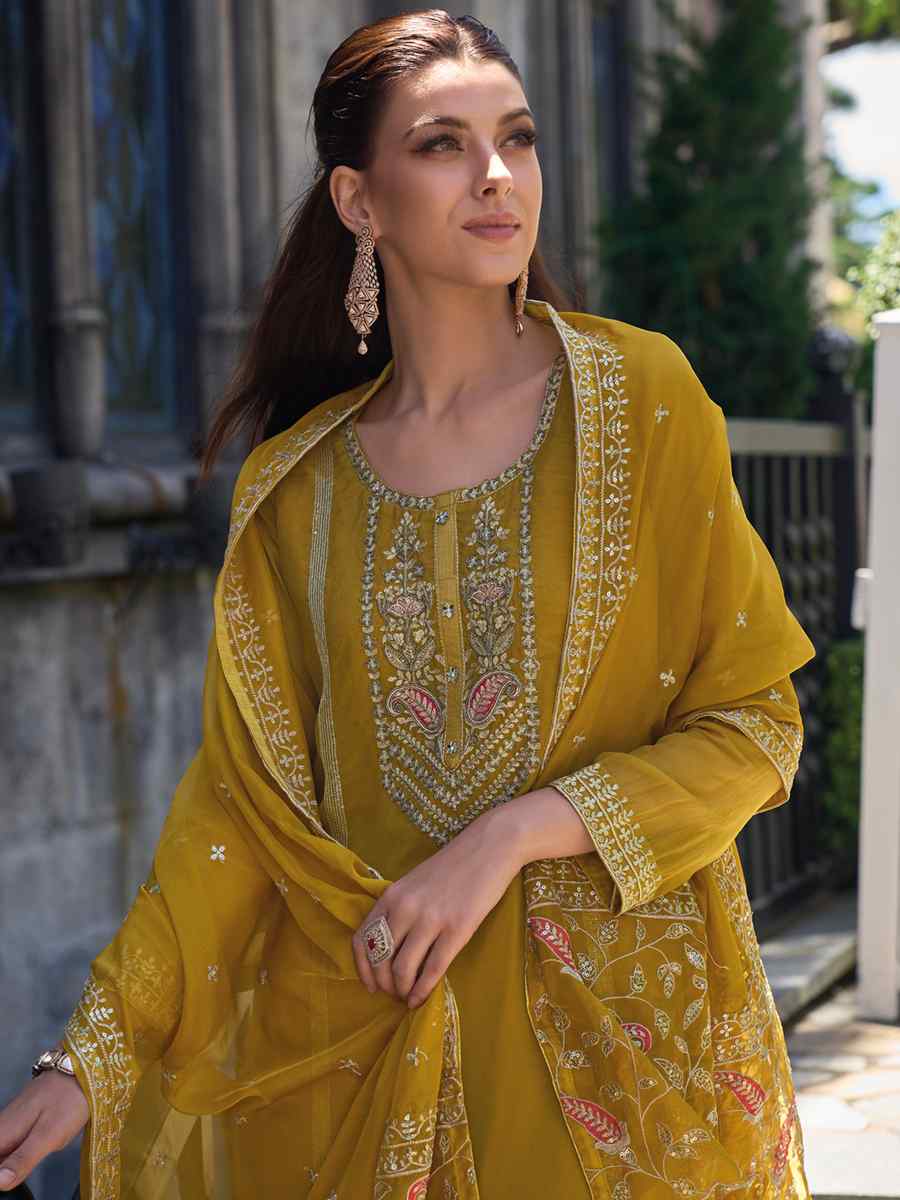 Yellow Soft Organza Embroidered Festival Party Ready Pant Salwar Kameez