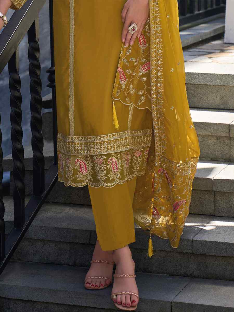 Yellow Soft Organza Embroidered Festival Party Ready Pant Salwar Kameez