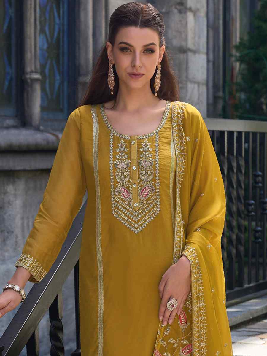 Yellow Soft Organza Embroidered Festival Party Ready Pant Salwar Kameez
