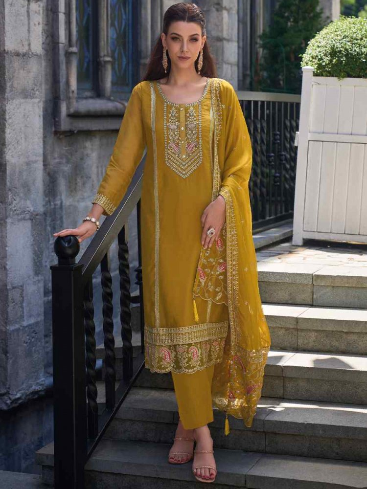 Yellow Soft Organza Embroidered Festival Party Ready Pant Salwar Kameez