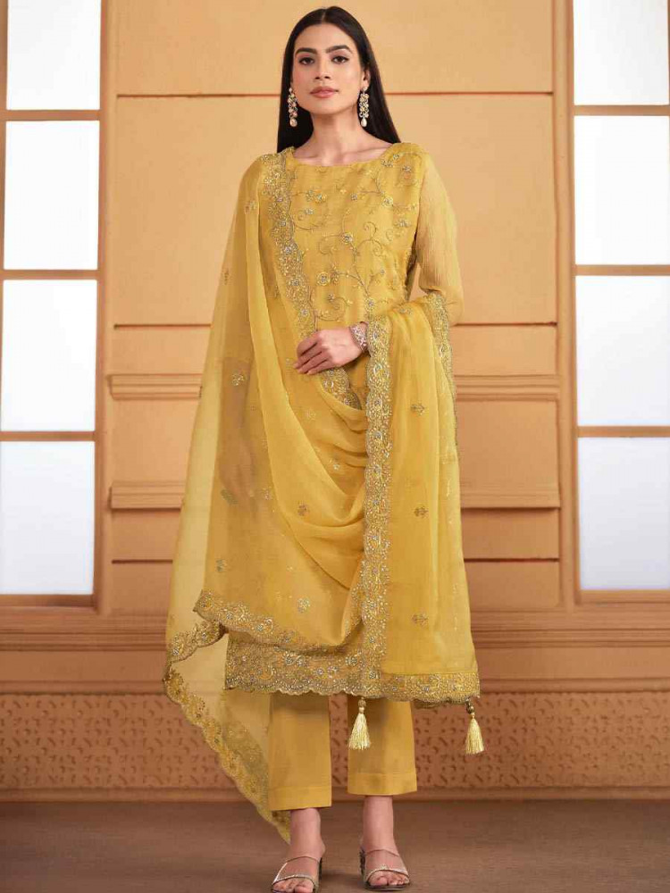 Yellow Soft Organza Embroidered Festival Wedding Pant Salwar Kameez