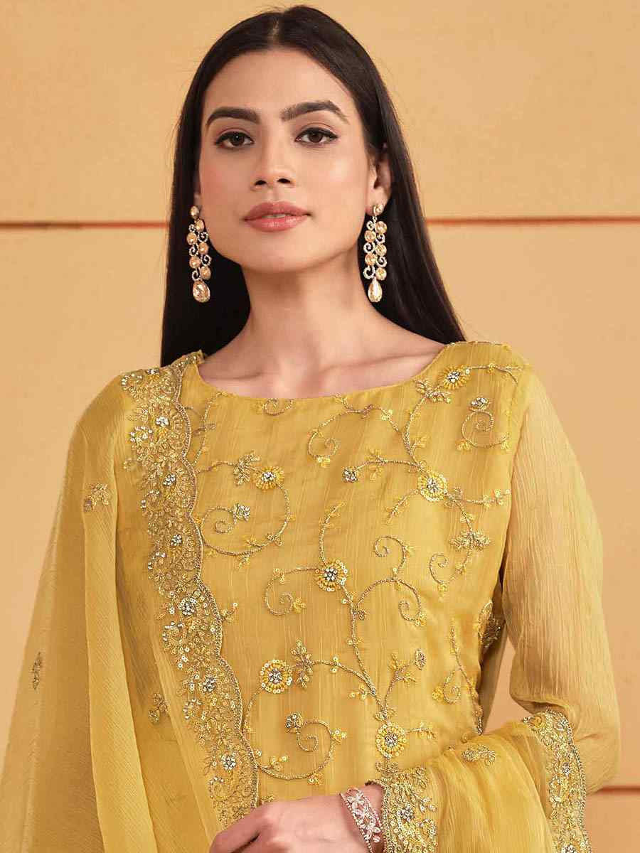 Yellow Soft Organza Embroidered Festival Wedding Pant Salwar Kameez