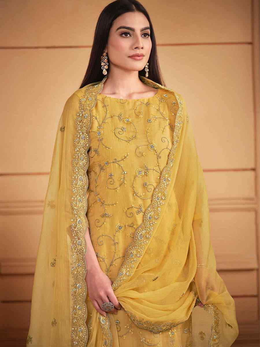 Yellow Soft Organza Embroidered Festival Wedding Pant Salwar Kameez