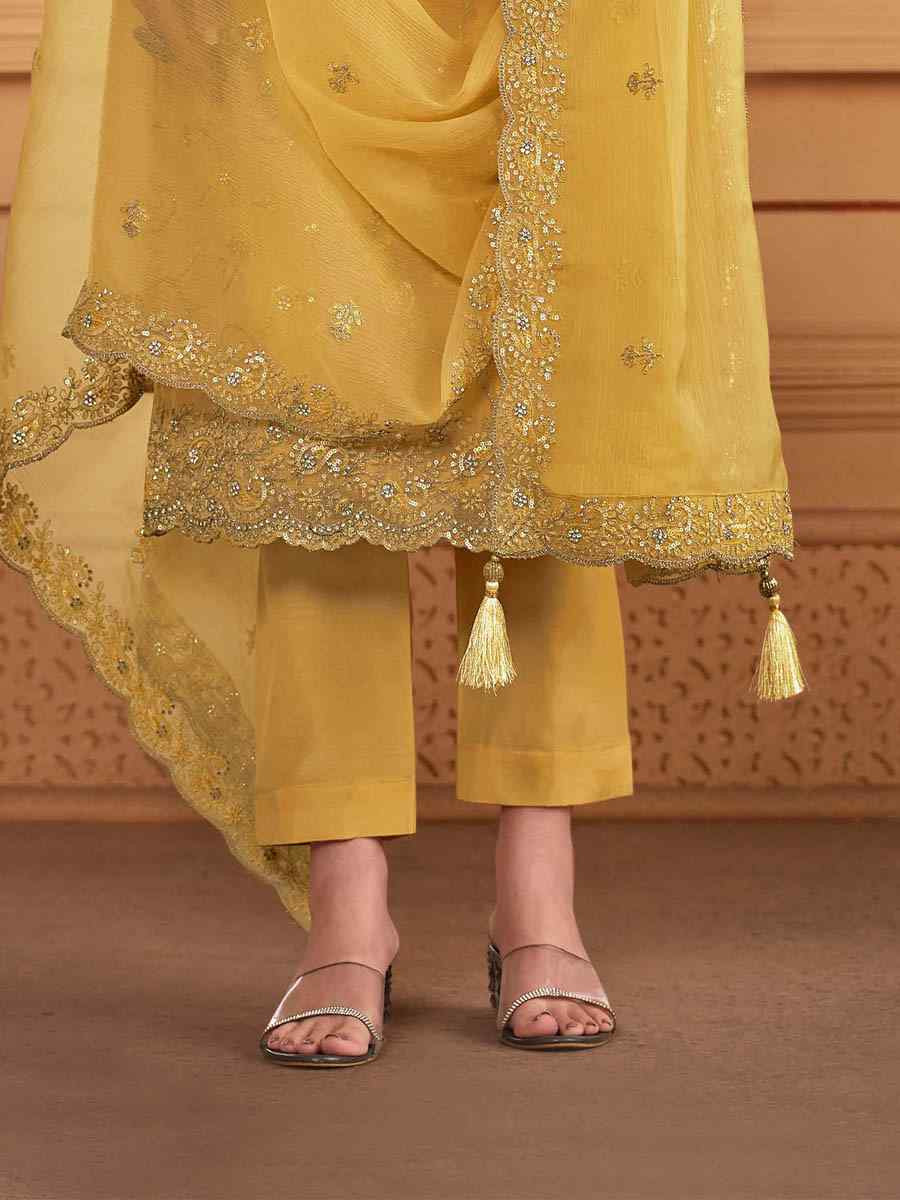 Yellow Soft Organza Embroidered Festival Wedding Pant Salwar Kameez