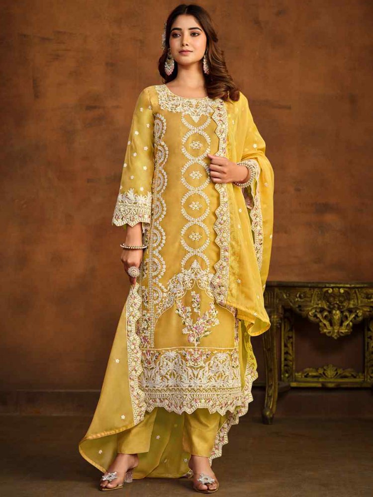 Yellow Soft Organza Embroidered Festival Wedding Pant Salwar Kameez