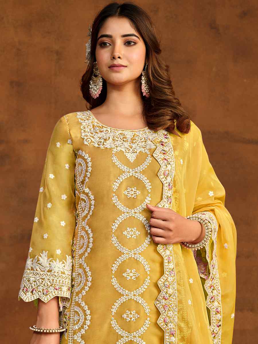 Yellow Soft Organza Embroidered Festival Wedding Pant Salwar Kameez