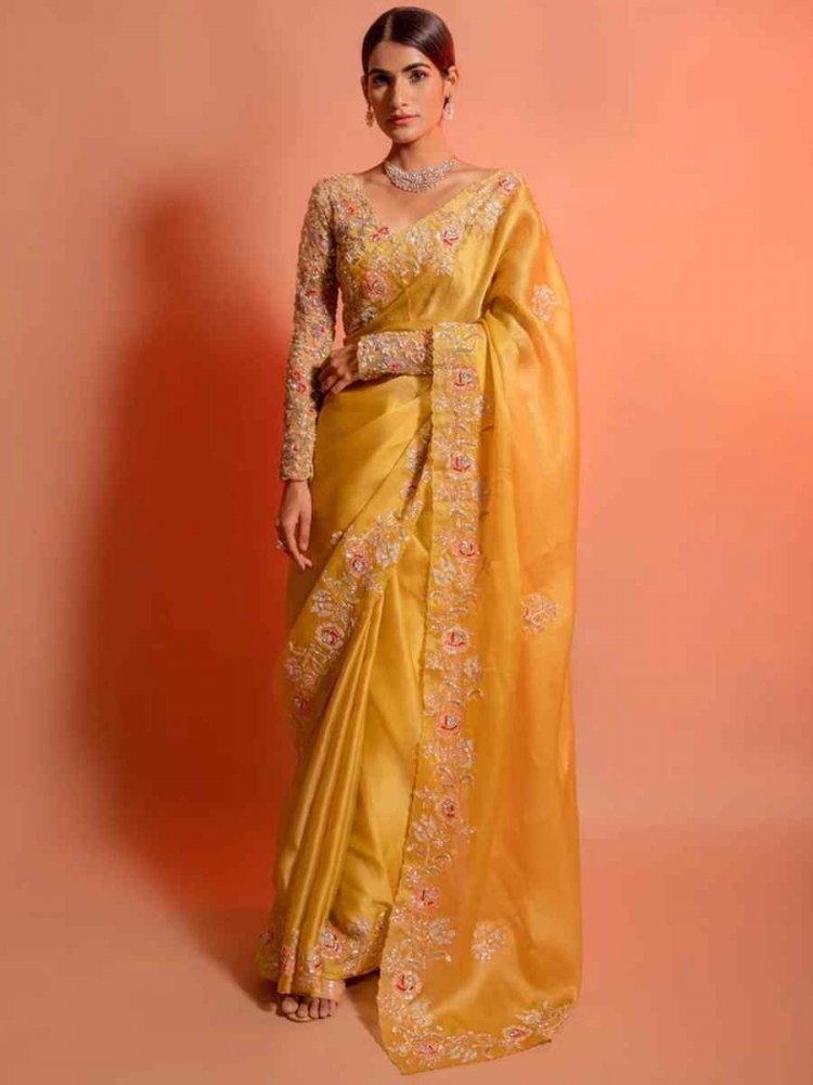 Yellow Soft Organza Embroidery Haldi Wedding Heavy Border Saree