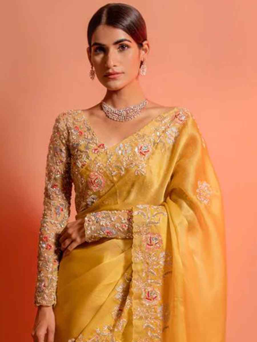 Yellow Soft Organza Embroidery Haldi Wedding Heavy Border Saree