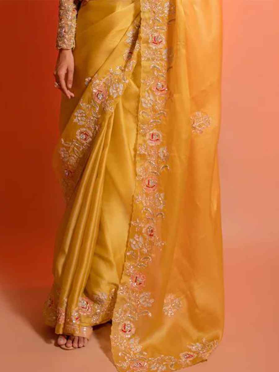 Yellow Soft Organza Embroidery Haldi Wedding Heavy Border Saree