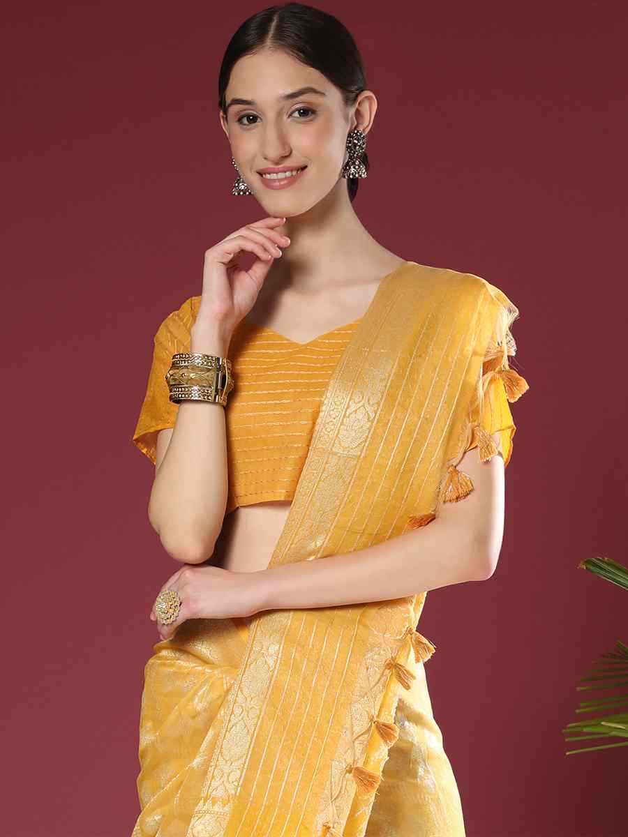 Yellow Soft Organza Silk Handwoven Wedding Festival Heavy Border Saree