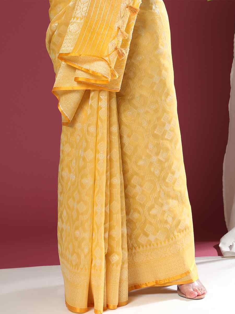 Yellow Soft Organza Silk Handwoven Wedding Festival Heavy Border Saree