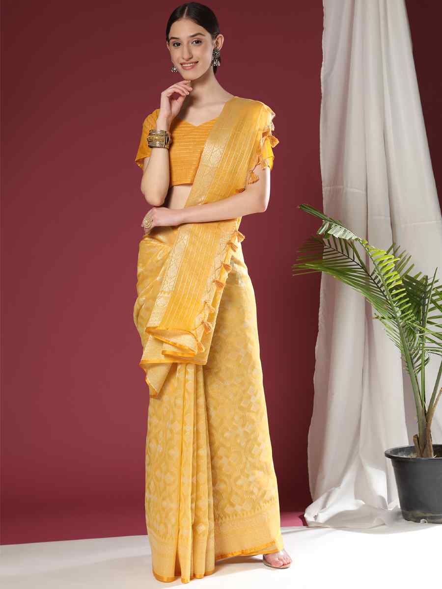 Yellow Soft Organza Silk Handwoven Wedding Festival Heavy Border Saree
