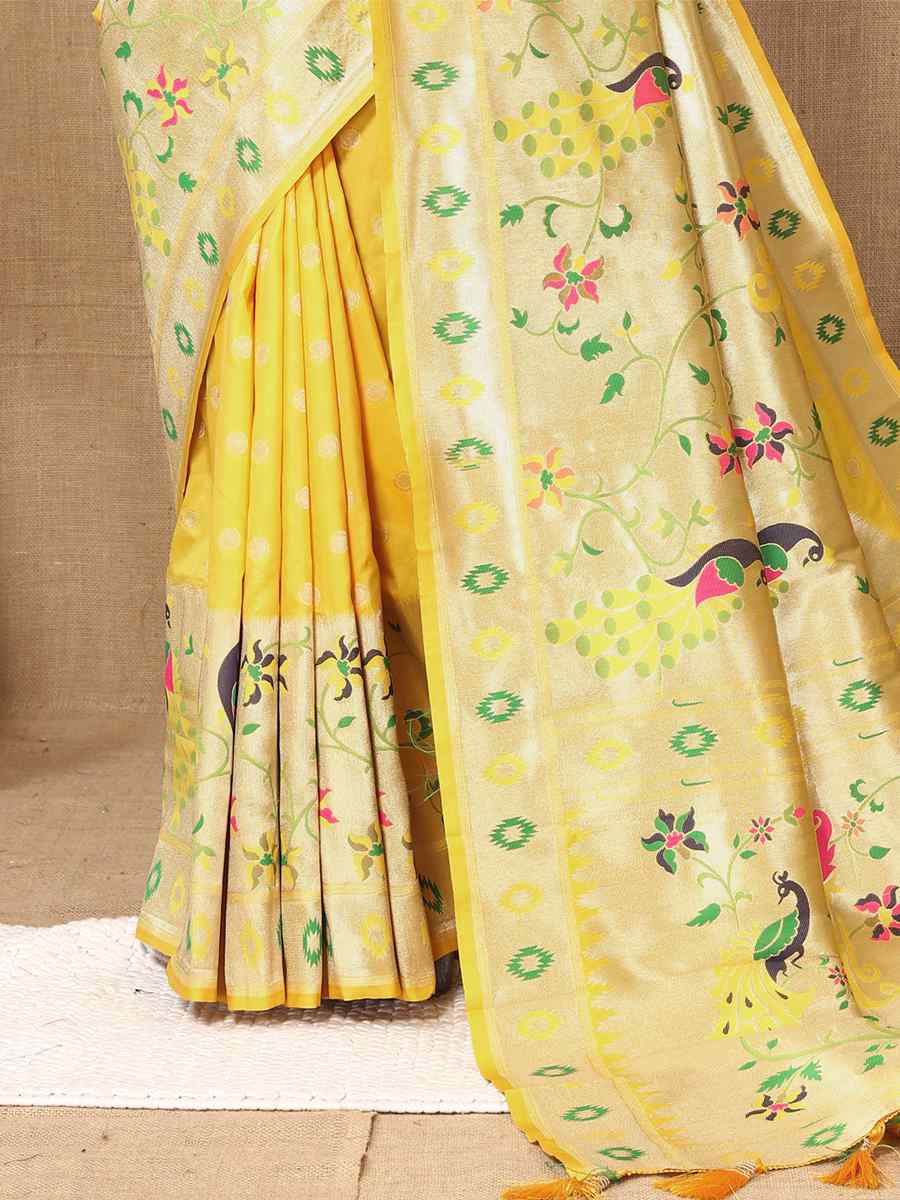 Yellow Soft Paithani Silk Handwoven Wedding Festival Heavy Border Saree
