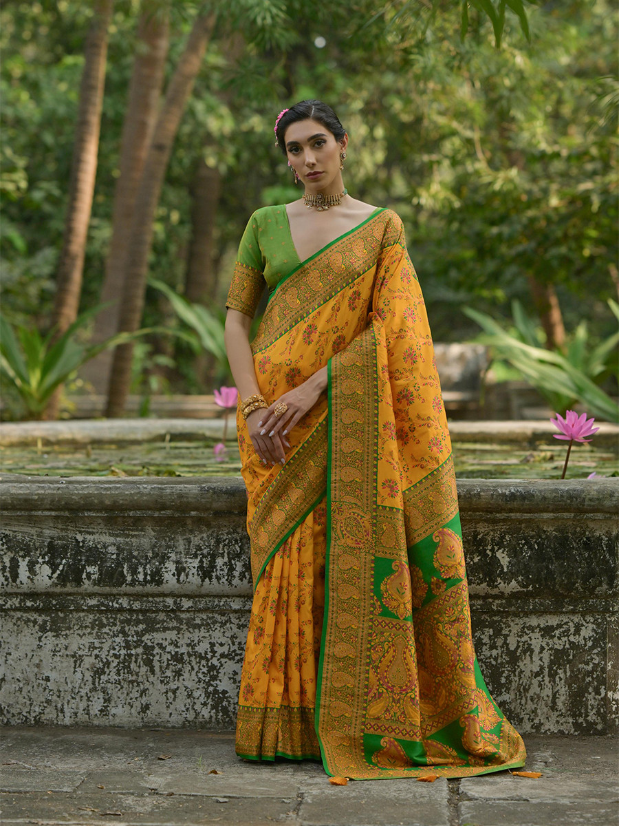 Yellow Soft Pashmina Silk Zari Handwoven Casual Reception Festival Wedding Fancy Classic Heavy Border Sarees