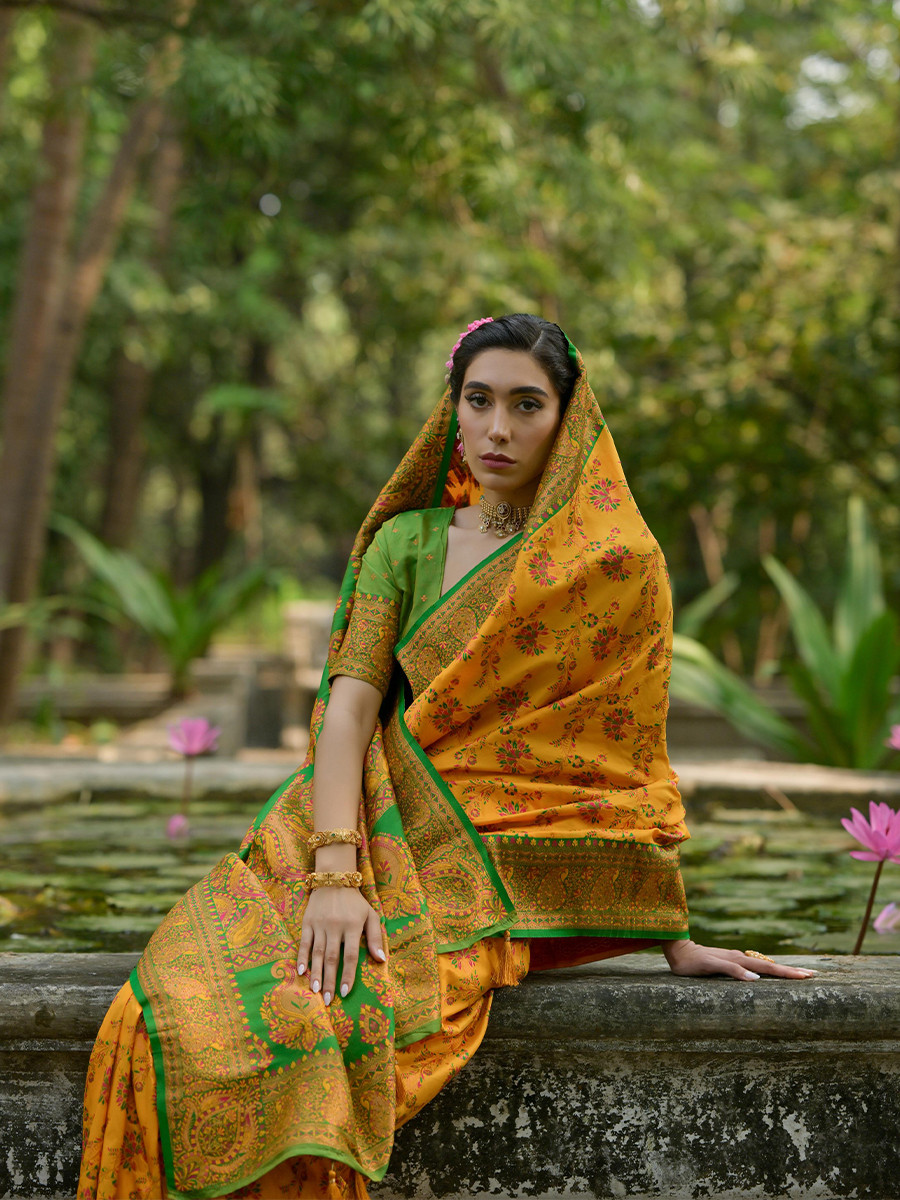 Yellow Soft Pashmina Silk Zari Handwoven Casual Reception Festival Wedding Fancy Classic Heavy Border Sarees