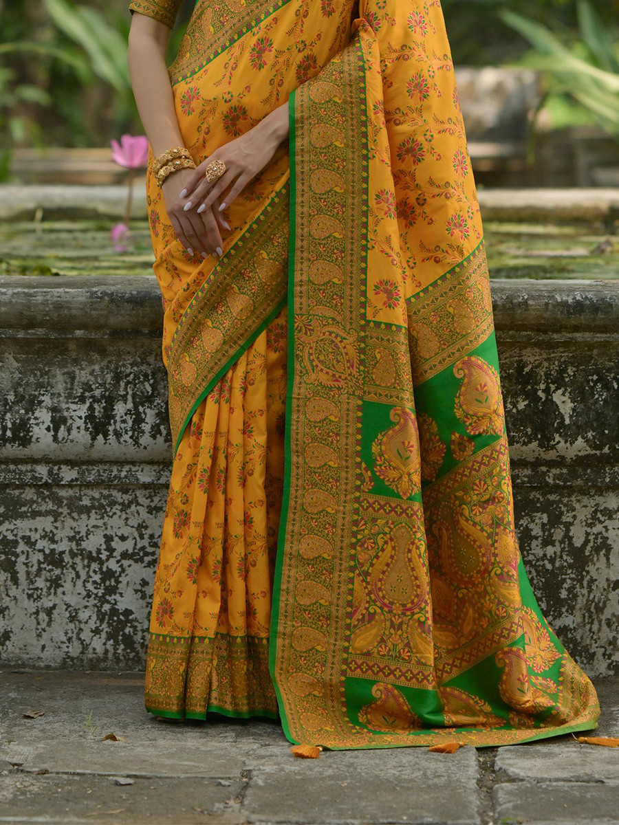 Yellow Soft Pashmina Silk Zari Handwoven Casual Reception Festival Wedding Fancy Classic Heavy Border Sarees