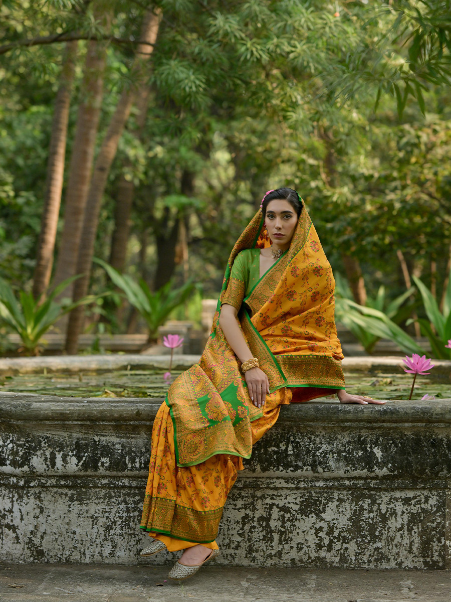 Yellow Soft Pashmina Silk Zari Handwoven Casual Reception Festival Wedding Fancy Classic Heavy Border Sarees