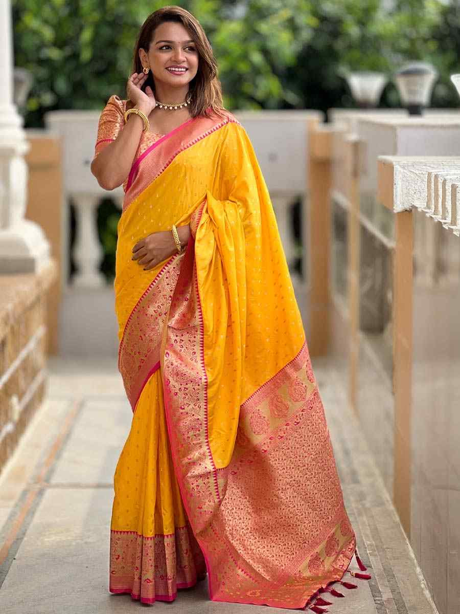 Yellow Soft Pathani Silk Handwoven Festival Wedding Fancy Heavy Border Saree